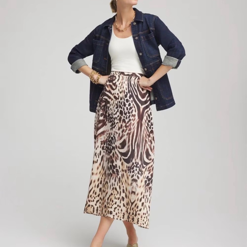 Chico’s Animal Print Maxi Skirt - Brown Leopard Pattern Size L NWT